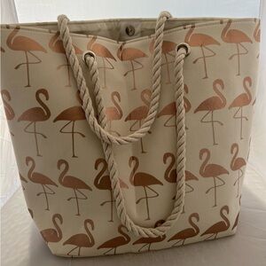 Flamingo Print Tote Bag - Cream and Brown